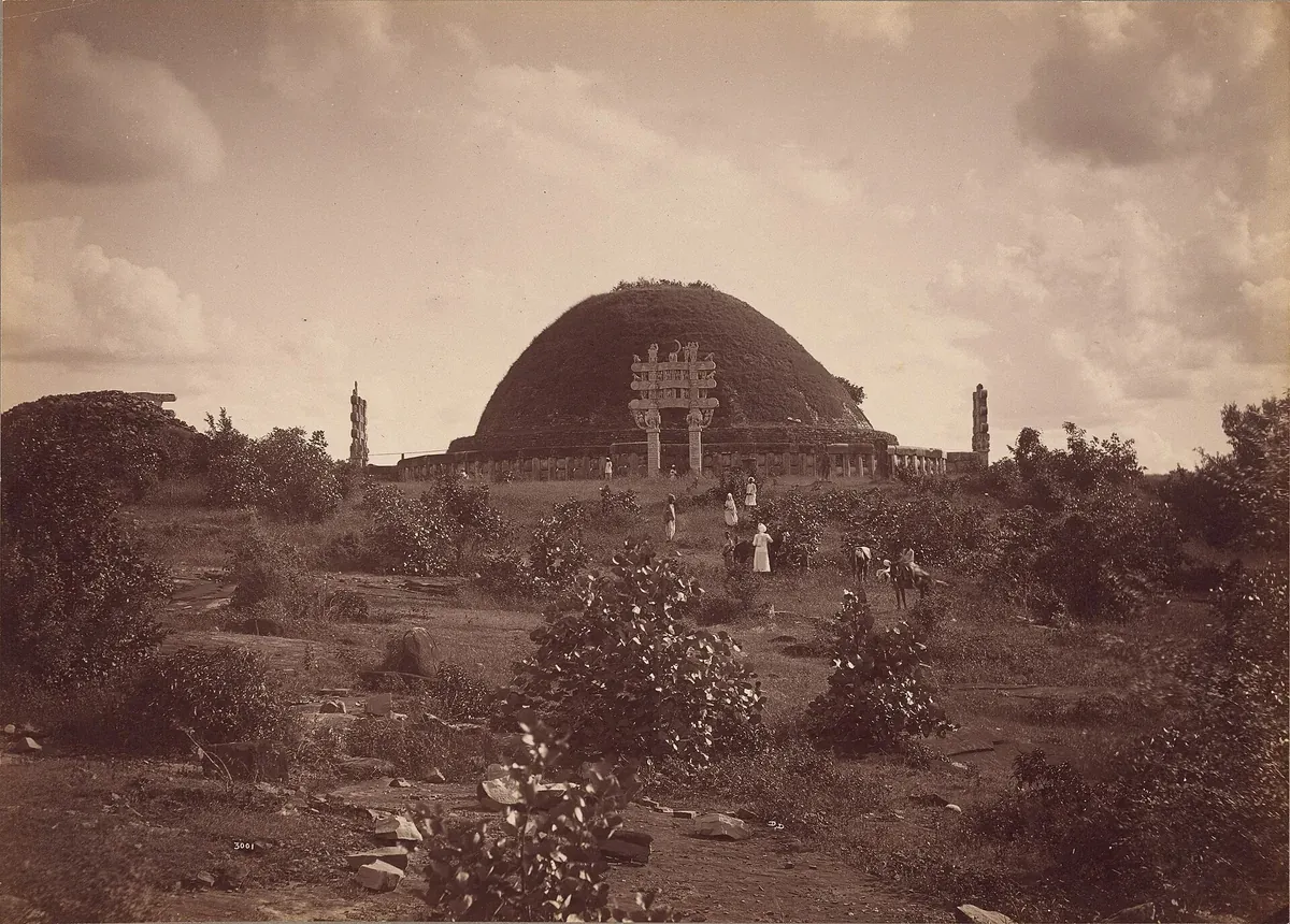 उन्नीसवीं सदी का श्वेत-श्याम छायाचित्र: झाड़ियों के बीच साँची का गोल स्तूप